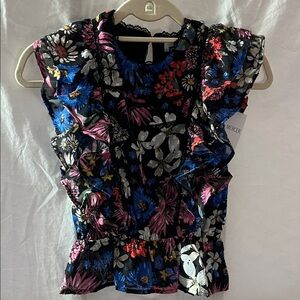Spring + Mercer Black Floral Ruffle Sleeve Women's Top XS